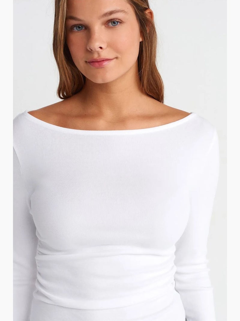 Camiseta ajustada canalé cuello barco manga larga dilvin Blanco - Kiabi