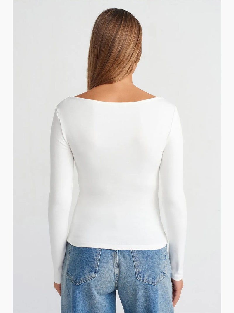 Camiseta ajustada canalé cuello barco manga larga dilvin Blanco roto - Kiabi
