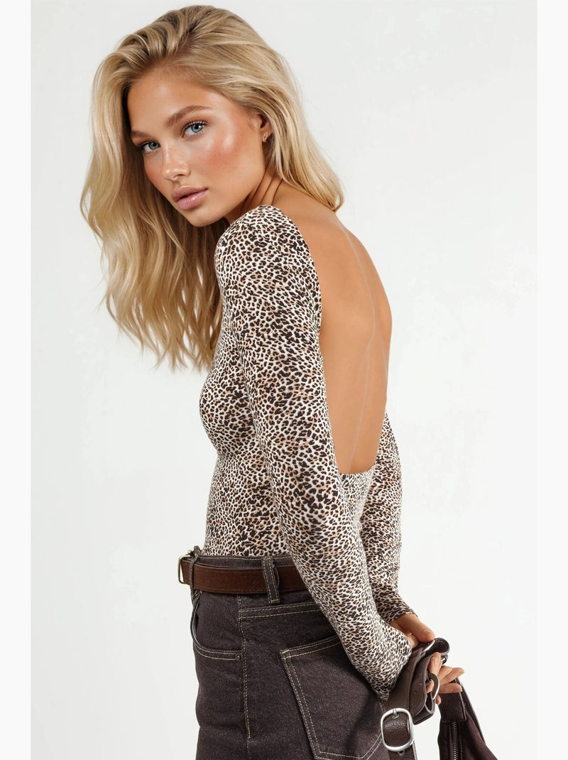 Camiseta ajustada cuello barco estampado leopardo manga larga busem Beige natural - Kiabi