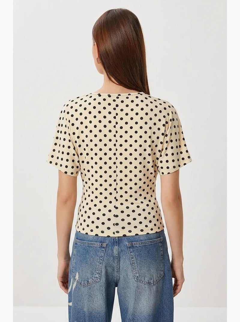 Camiseta algodón lunares cuello barco manga corta istanbul Beige arcilla - Kiabi