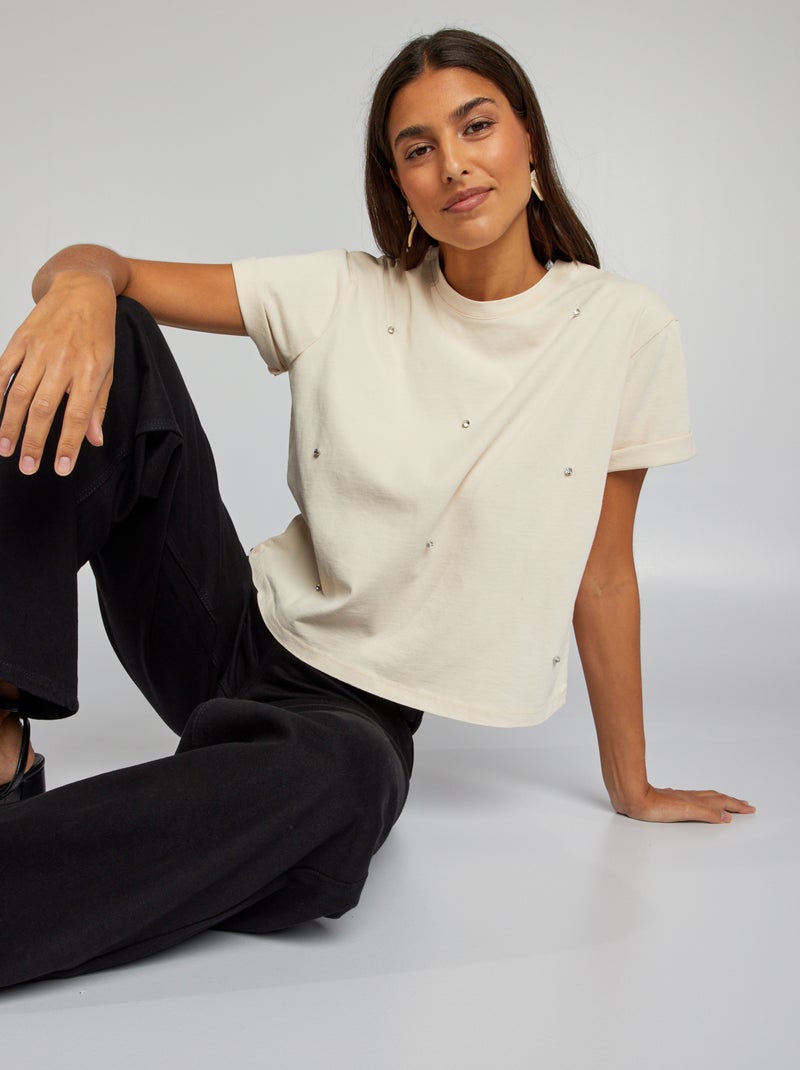 Camiseta ancha con pedrería de fantasía BEIGE - Kiabi