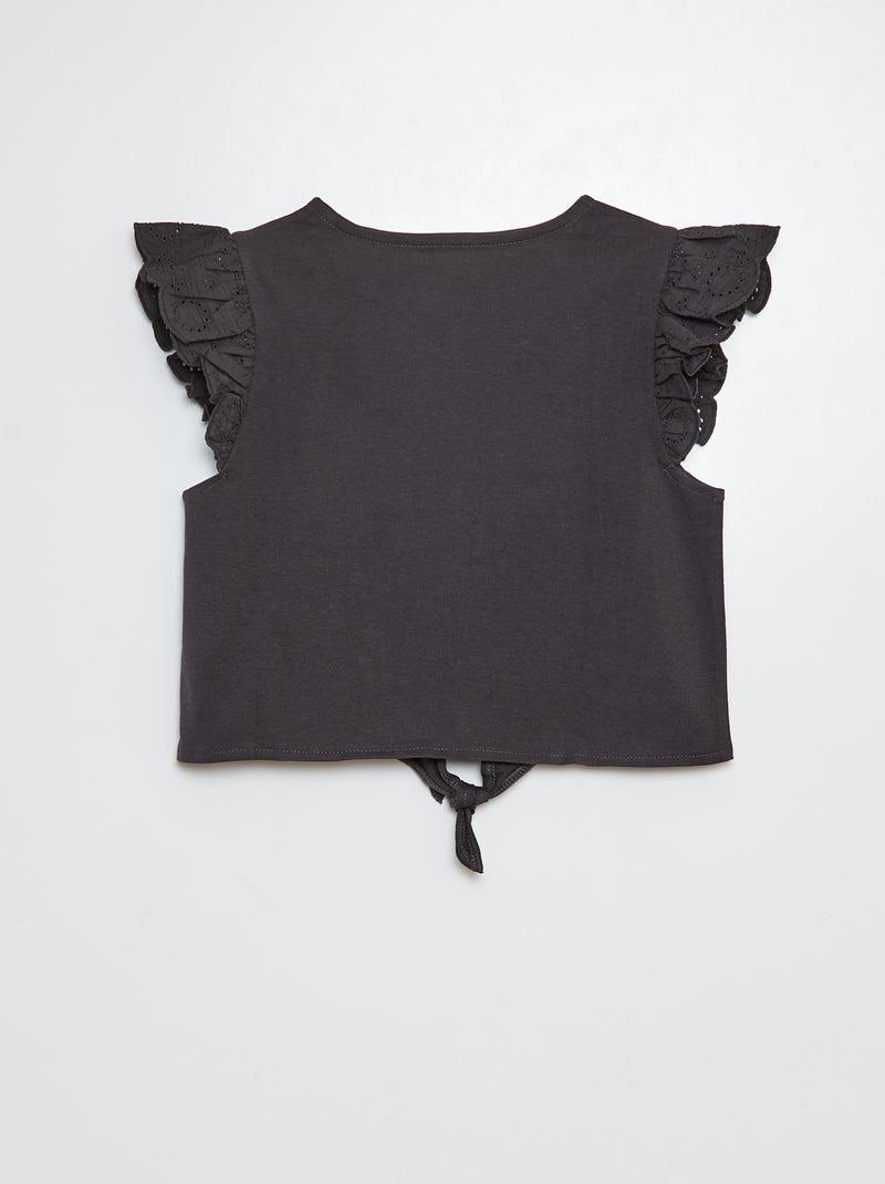 Camiseta anudada con manga corta con volantes NEGRO - Kiabi