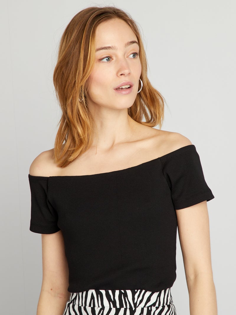 Camiseta bardot de punto de canalé negro - Kiabi