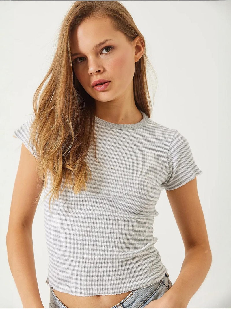 Camiseta básica acanalada a rayas lucci Gris claro - Kiabi