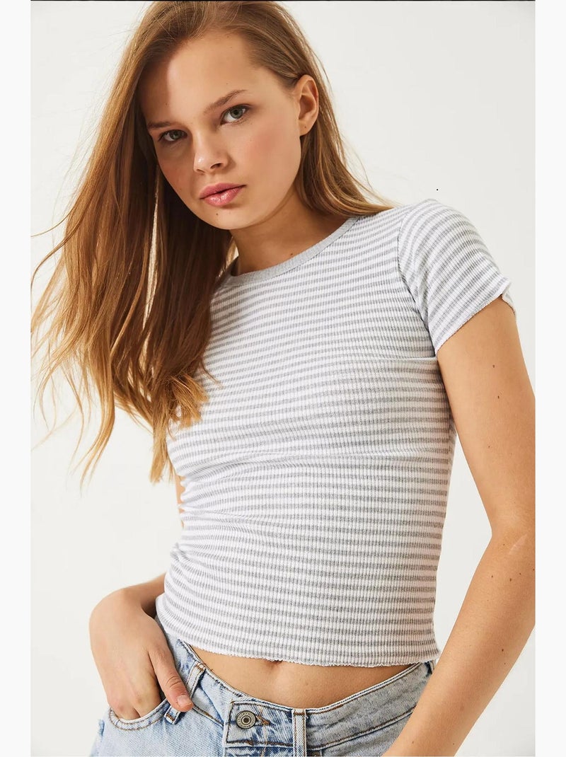 Camiseta básica acanalada a rayas lucci Gris claro - Kiabi