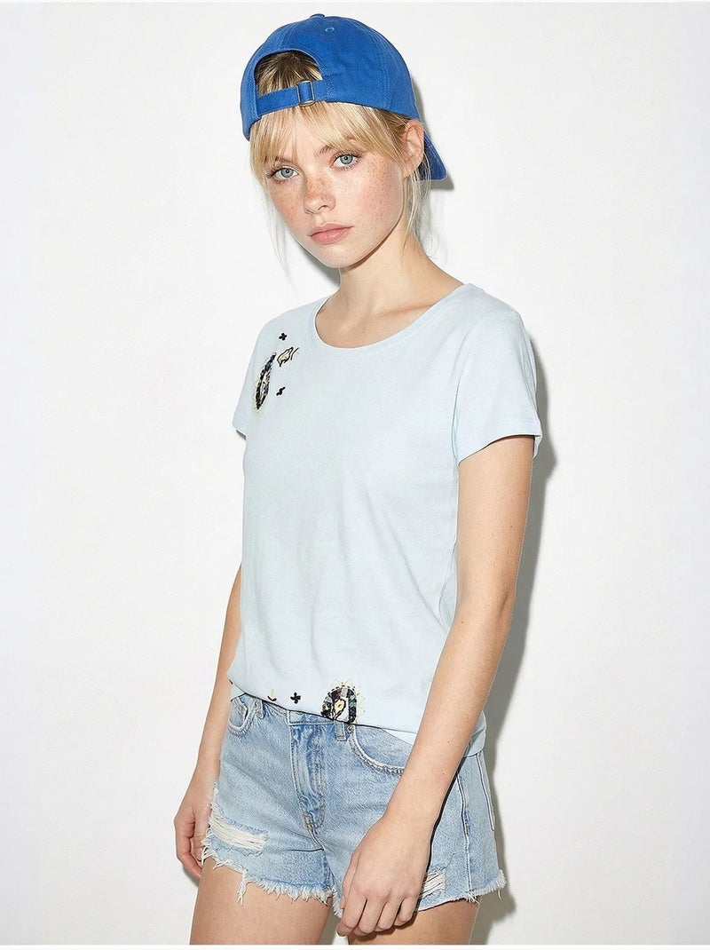 Camiseta básica con cuello en u bordado lucci Azul cielo - Kiabi