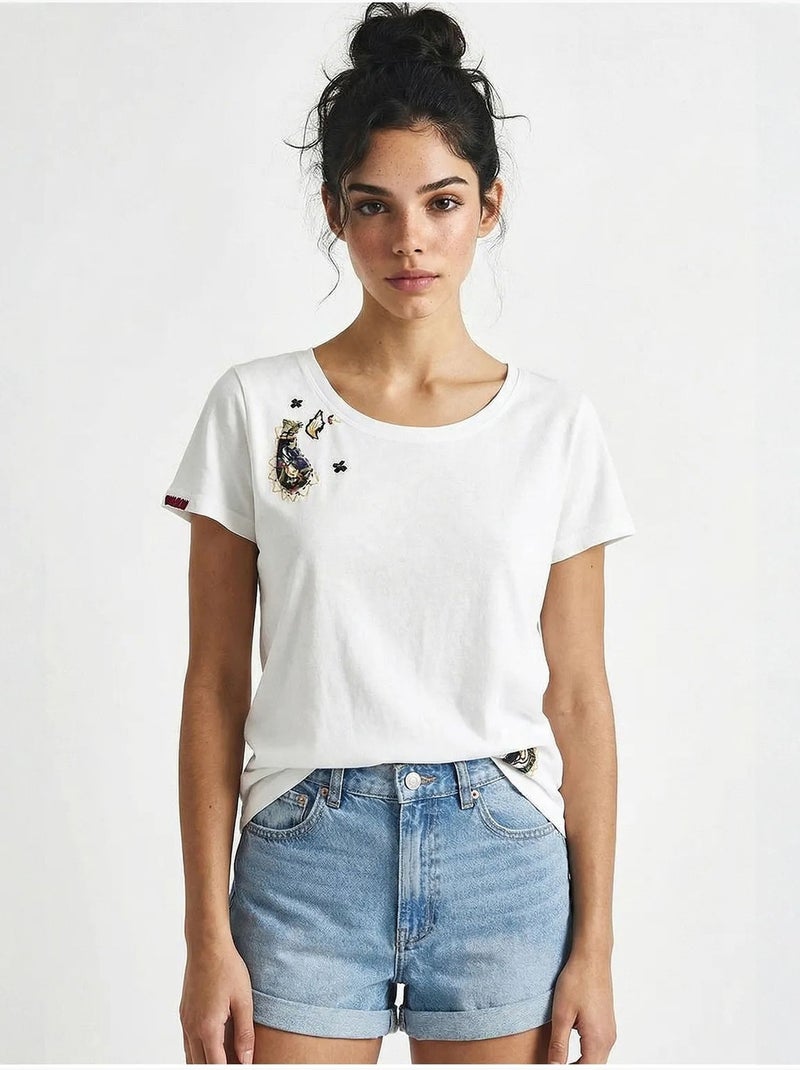 Camiseta básica con cuello en u bordado lucci Blanco - Kiabi