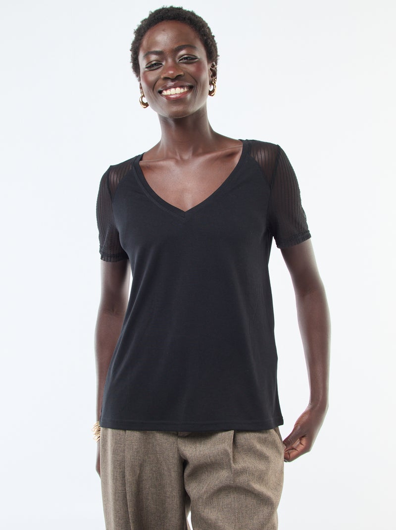 Camiseta básica con mangas de rejilla Negro - Kiabi