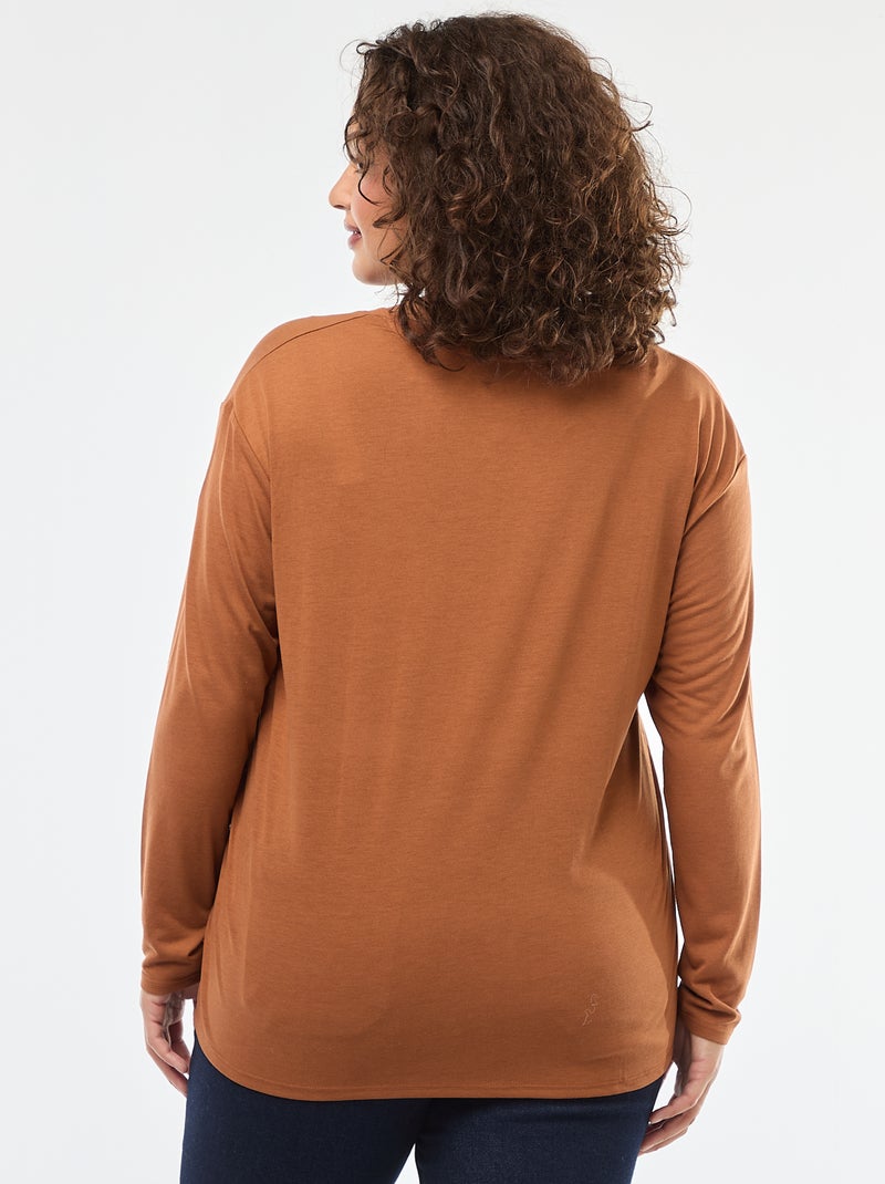 Camiseta básica cuello en pico y manga 3/4 Marron - Kiabi