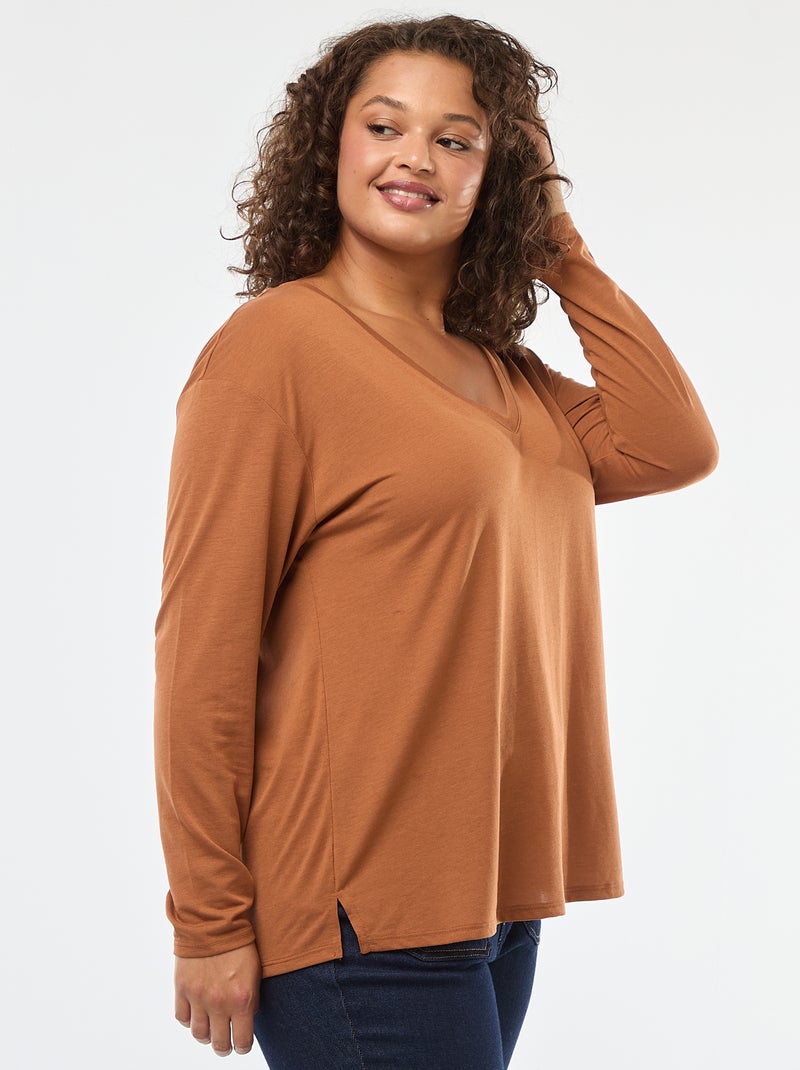 Camiseta básica cuello en pico y manga 3/4 Marron - Kiabi