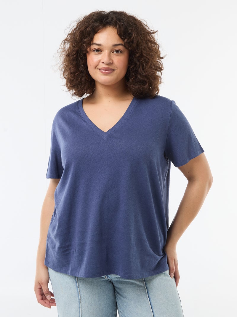 Camiseta básica cuello en pico y manga corta Azul - Kiabi