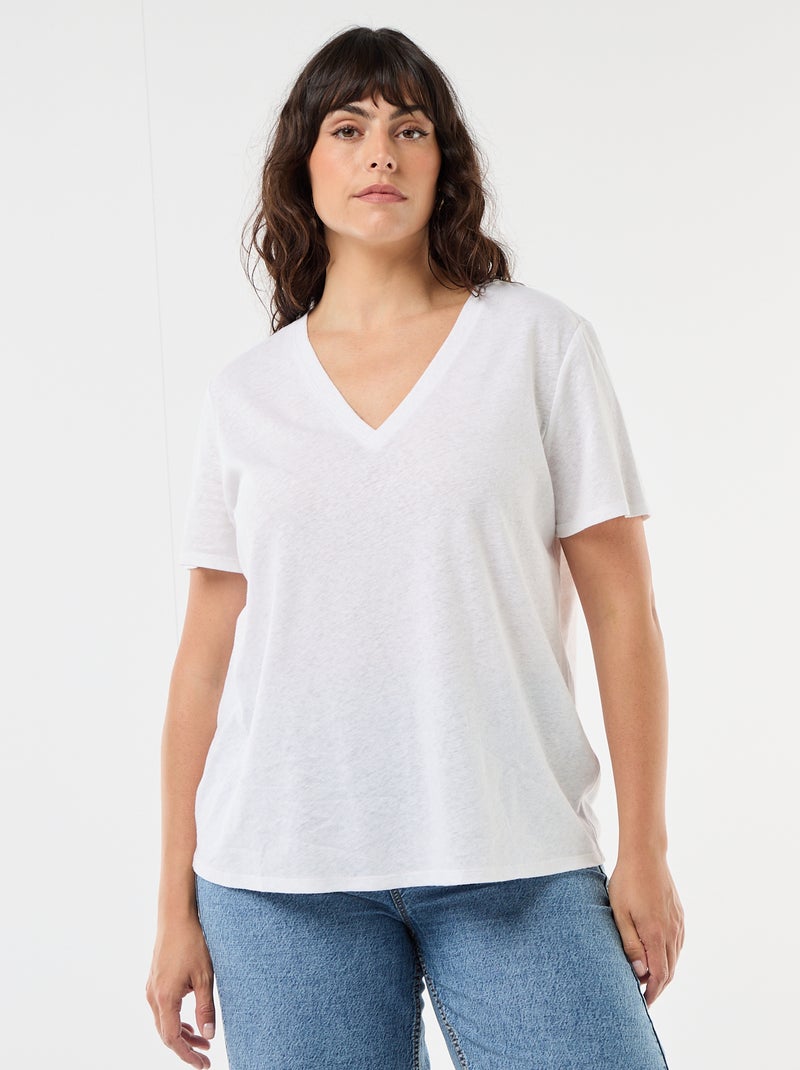 Camiseta básica cuello en pico y manga corta Blanco - Kiabi