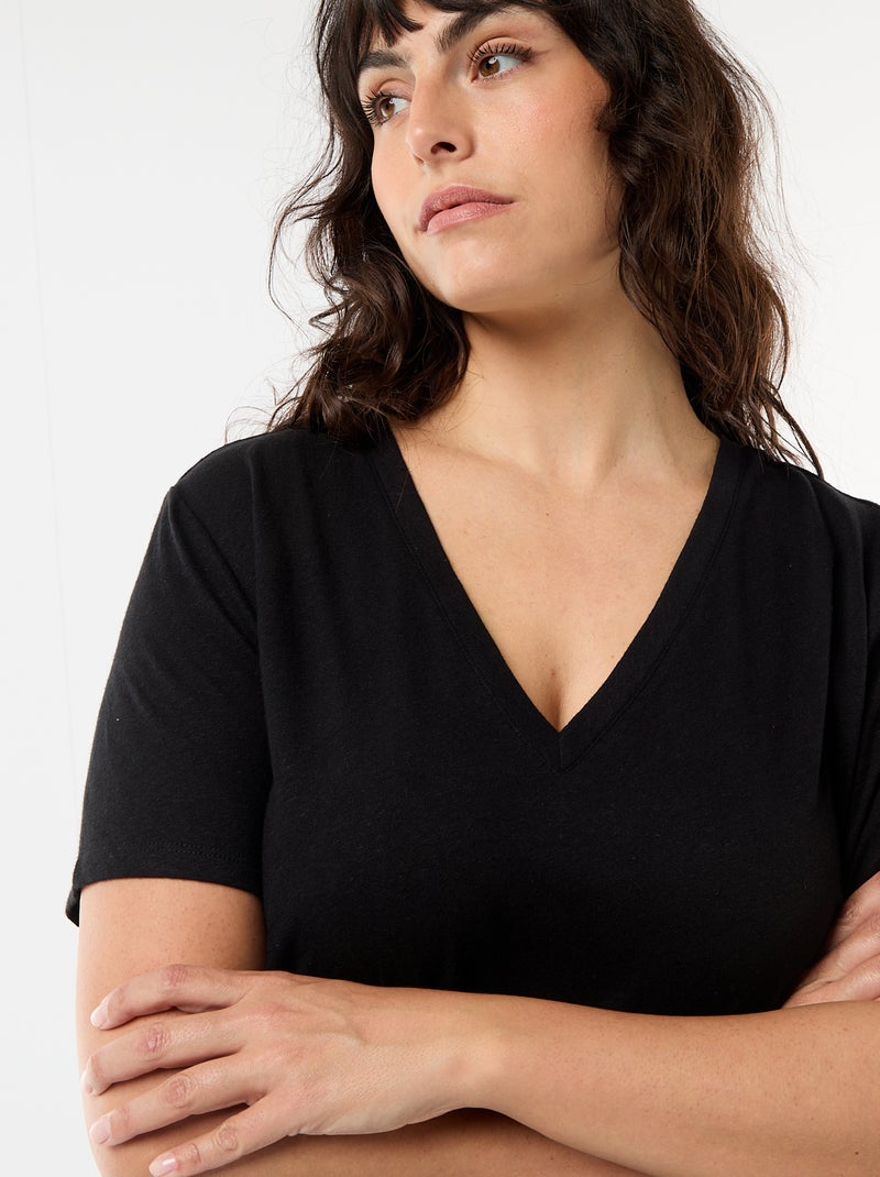 Camiseta básica cuello en pico y manga corta Negro - Kiabi