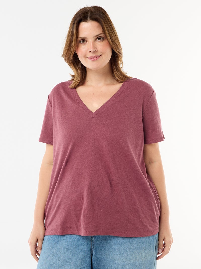 Camiseta básica cuello en pico y manga corta Rosa - Kiabi