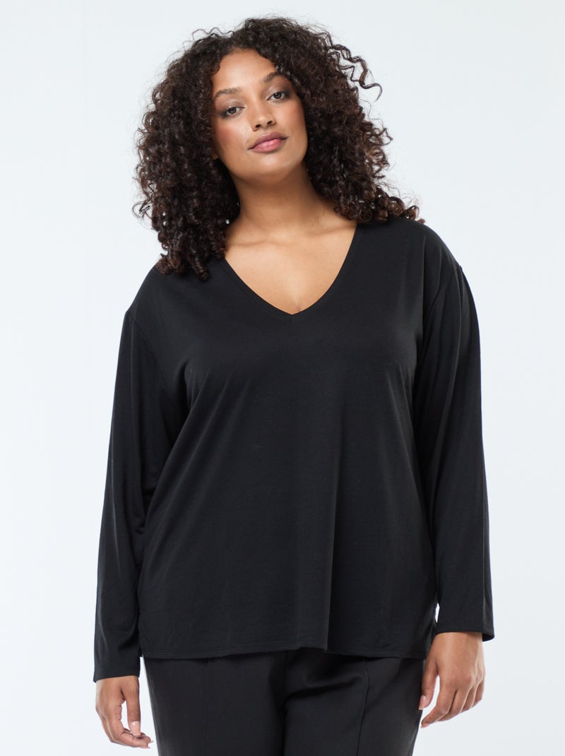 Camiseta básica cuello en V y manga 3/4 Negro - Kiabi