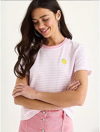 Camiseta básica de algodón a rayas con bordado de limones lucci
