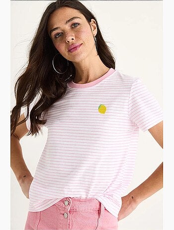 Camiseta básica de algodón a rayas con bordado de limones lucci