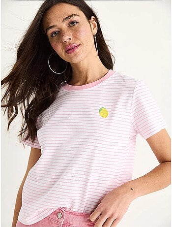 Camiseta básica de algodón a rayas con bordado de limones lucci