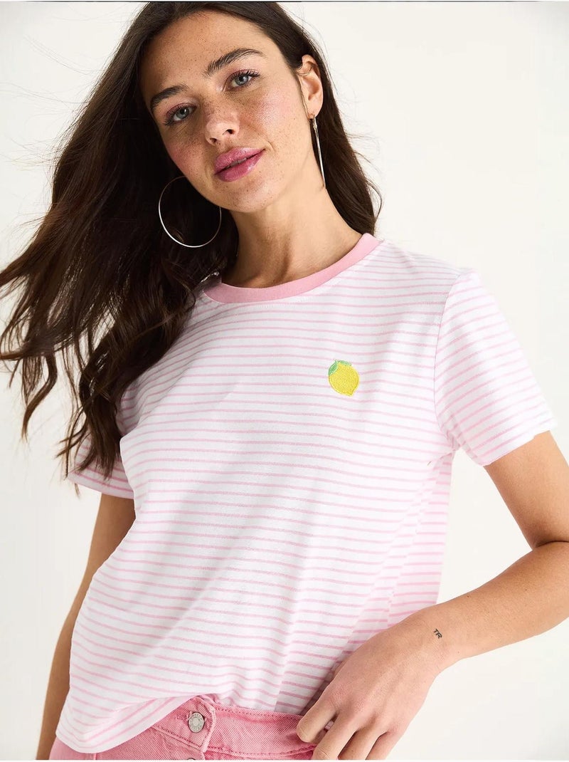 Camiseta básica de algodón a rayas con bordado de limones lucci Rosa fluo/Solinotes - Kiabi