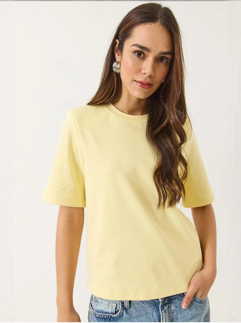 Camiseta básica de algodón acolchada con cuello redondo lucci Amarillo limón - Kiabi