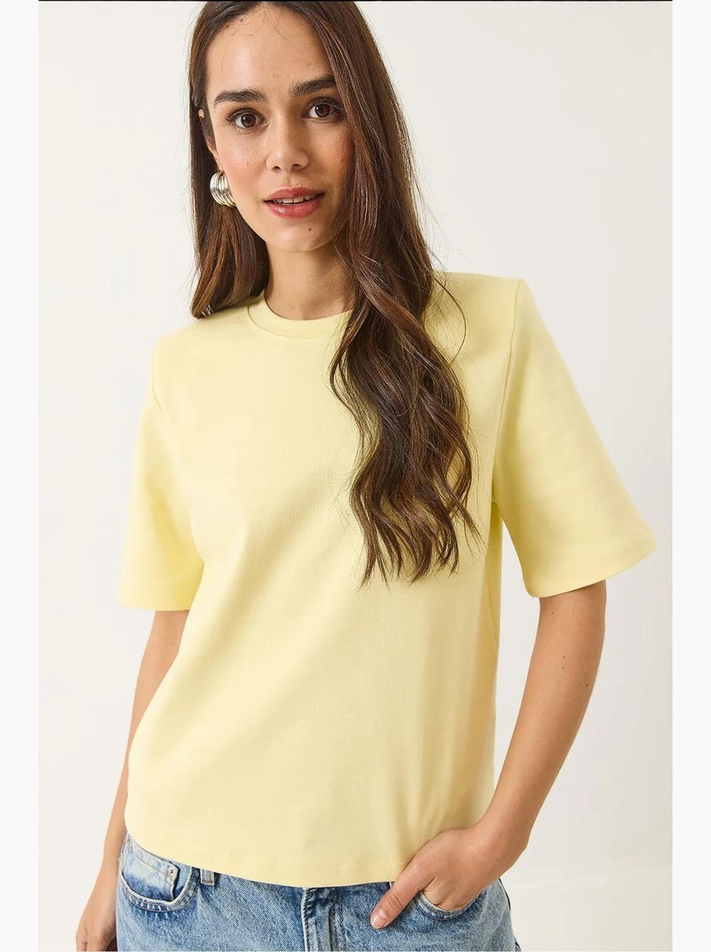 Camiseta básica de algodón acolchada con cuello redondo lucci Amarillo limón - Kiabi