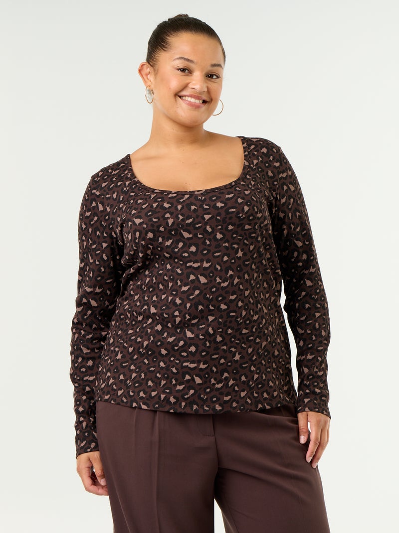 Camiseta básica de canalé Marron - Kiabi