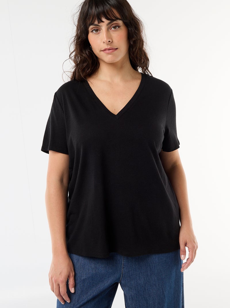 Camiseta básica de cuello de pico y manga corta Negro - Kiabi