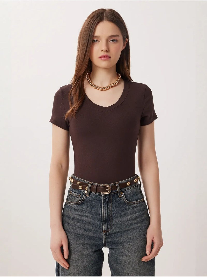 Camiseta básica de cuello en v slim fit istanbul Marrón chocolate - Kiabi