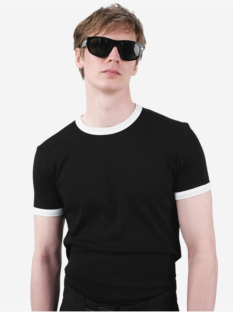 Camiseta básica de cuello redondo con ribete en contraste giesto Negro - Kiabi
