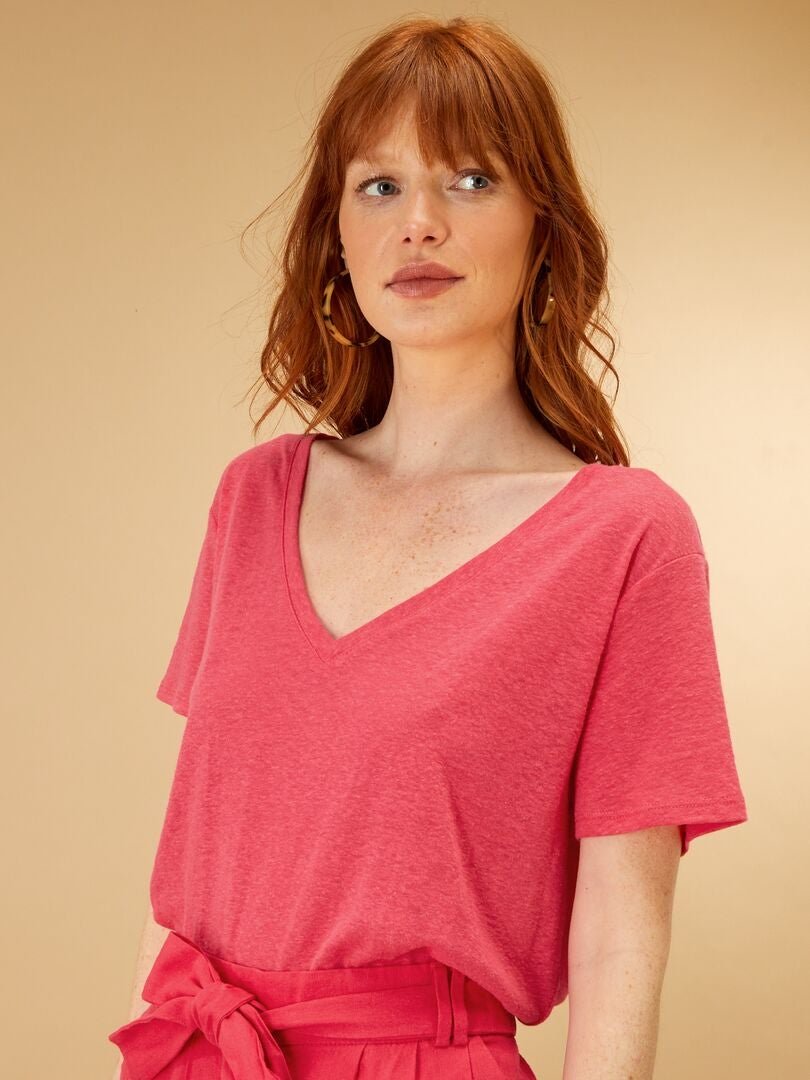 Camiseta básica de lino rosa azalea - Kiabi