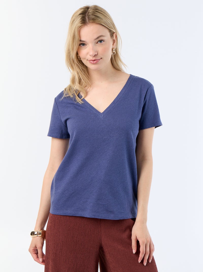 Camiseta básica de manga corta con cuello en pico Azul - Kiabi