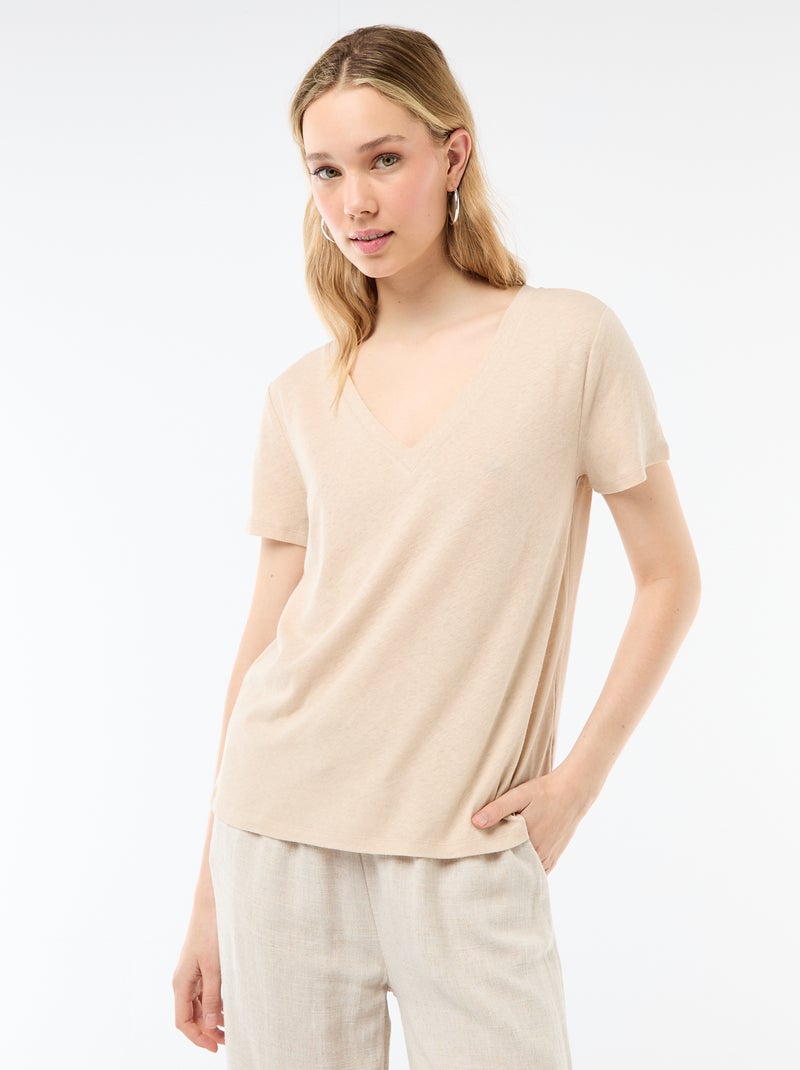 Camiseta básica de manga corta con cuello en pico Blanco - Kiabi