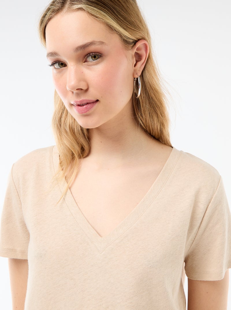 Camiseta básica de manga corta con cuello en pico Blanco - Kiabi