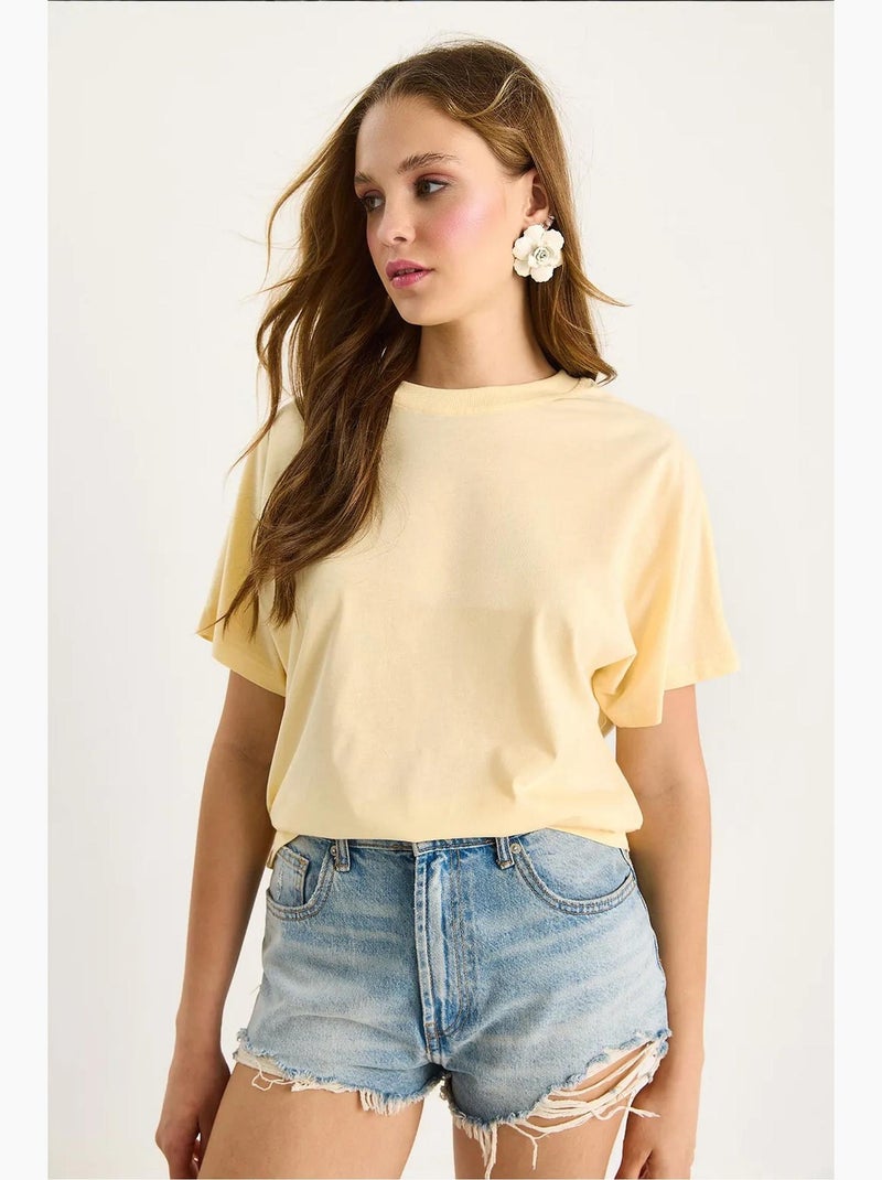 Camiseta básica de manga corta con cuello redondo y corte regular de algodón orgánico lucci Amarillo limón - Kiabi