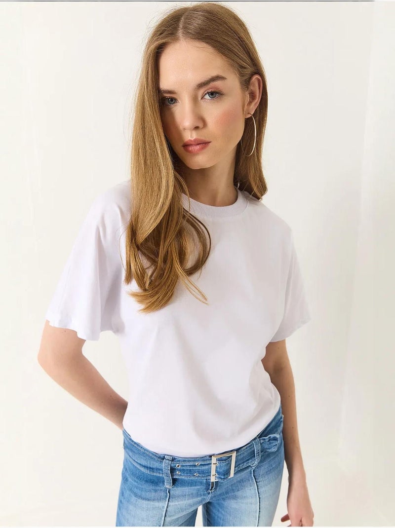 Camiseta básica de manga corta con cuello redondo y corte regular de algodón orgánico lucci Blanco - Kiabi