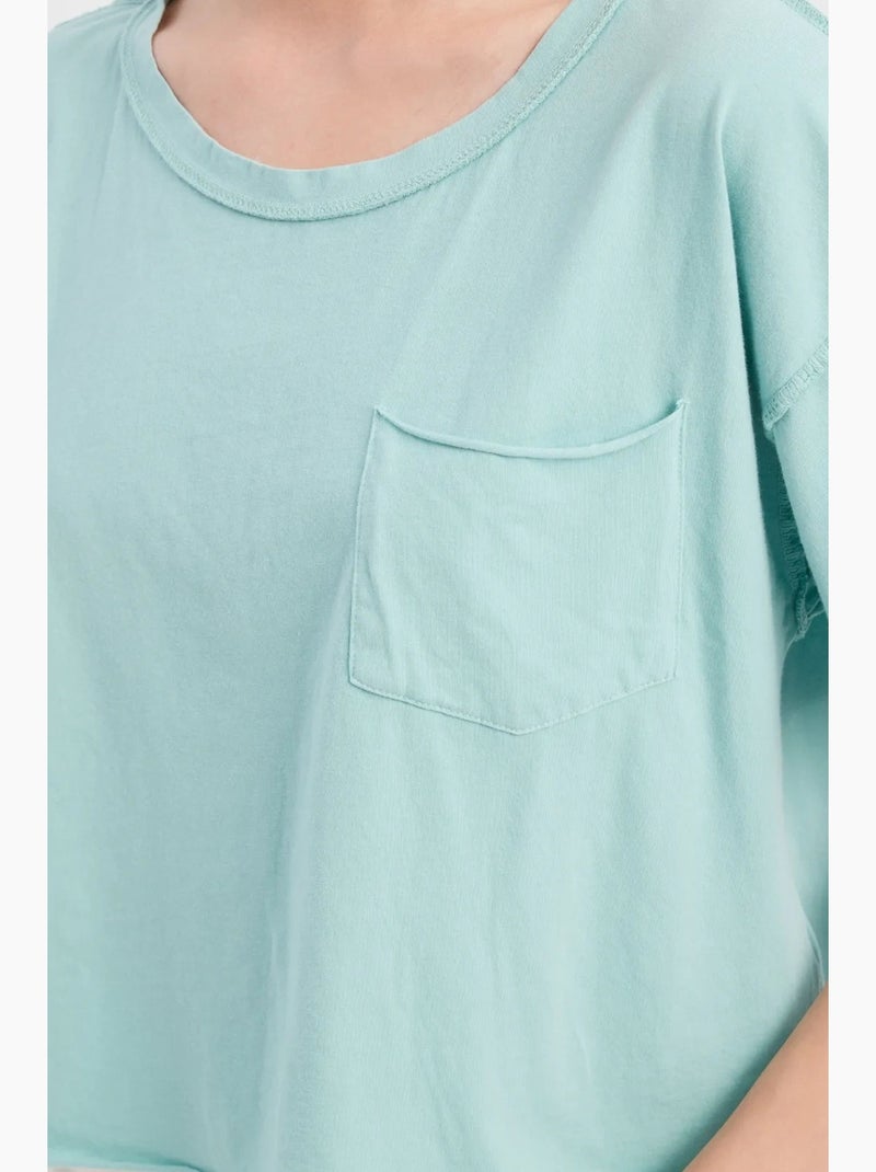 Camiseta básica de manga corta con cuello redondo y tejido hiccup Azul agua - Kiabi