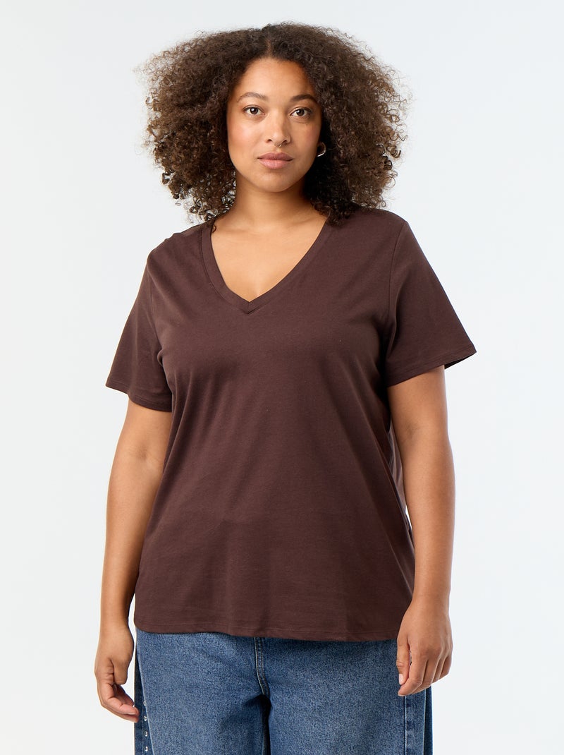 Camiseta básica de manga corta y cuello en pico Marron - Kiabi