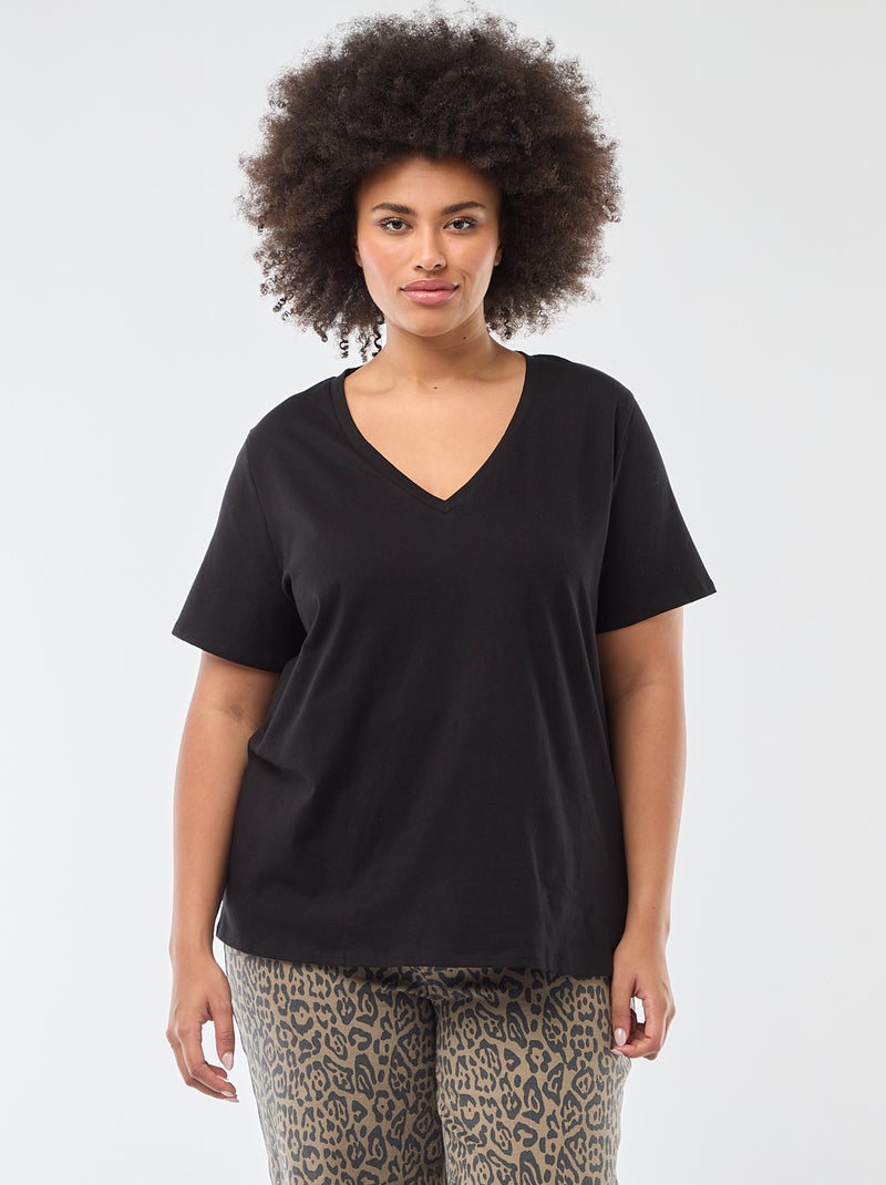 Camiseta básica de manga corta y cuello en pico Negro - Kiabi