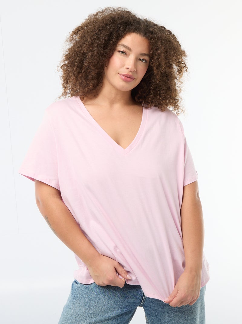 Camiseta básica de manga corta y cuello en pico Rosa - Kiabi