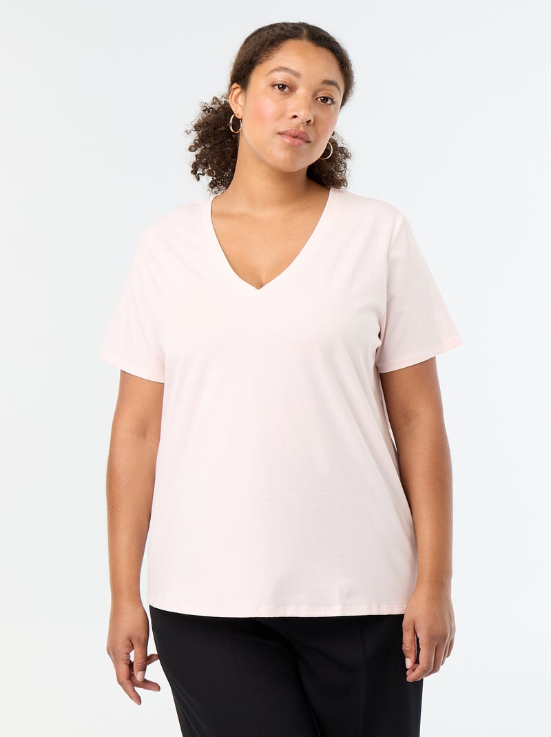 Camiseta básica de manga corta y cuello en pico Rosa - Kiabi