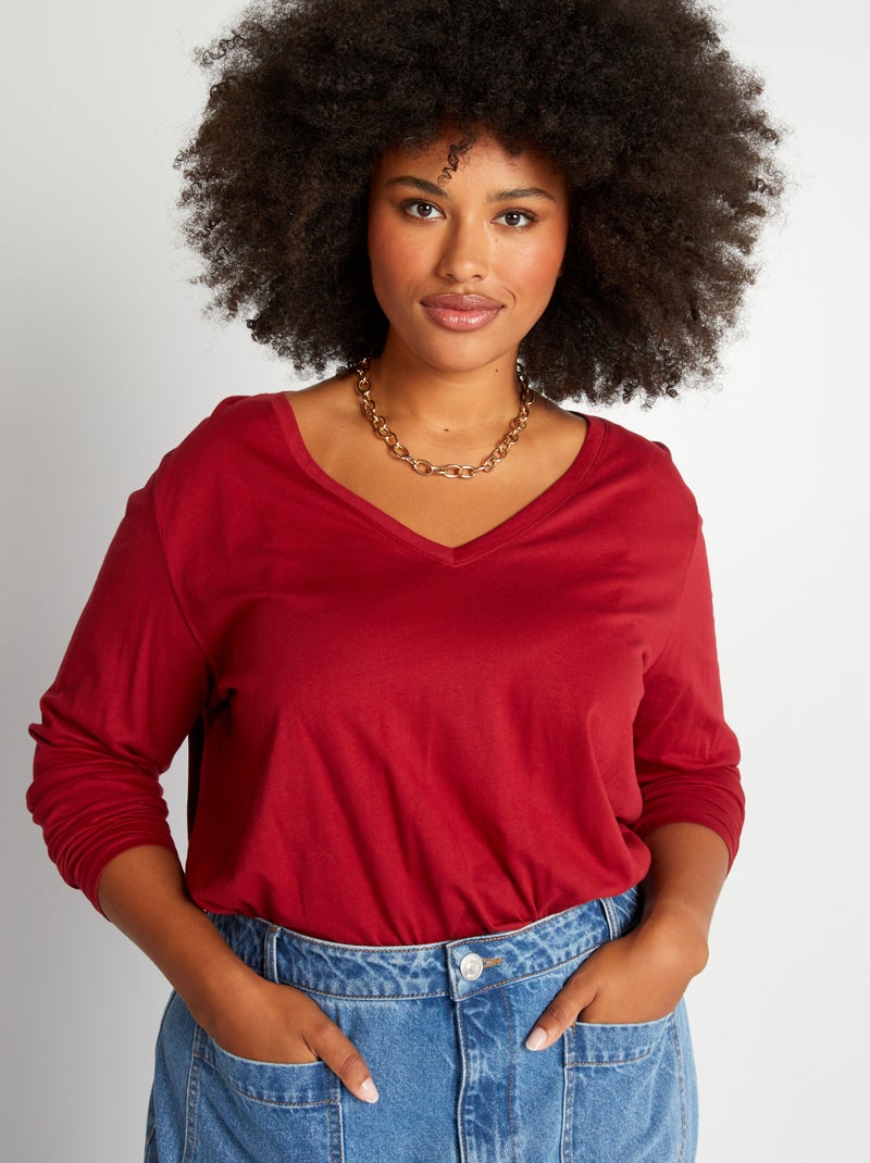 Camiseta básica de manga larga con cuello de pico ROJO - Kiabi
