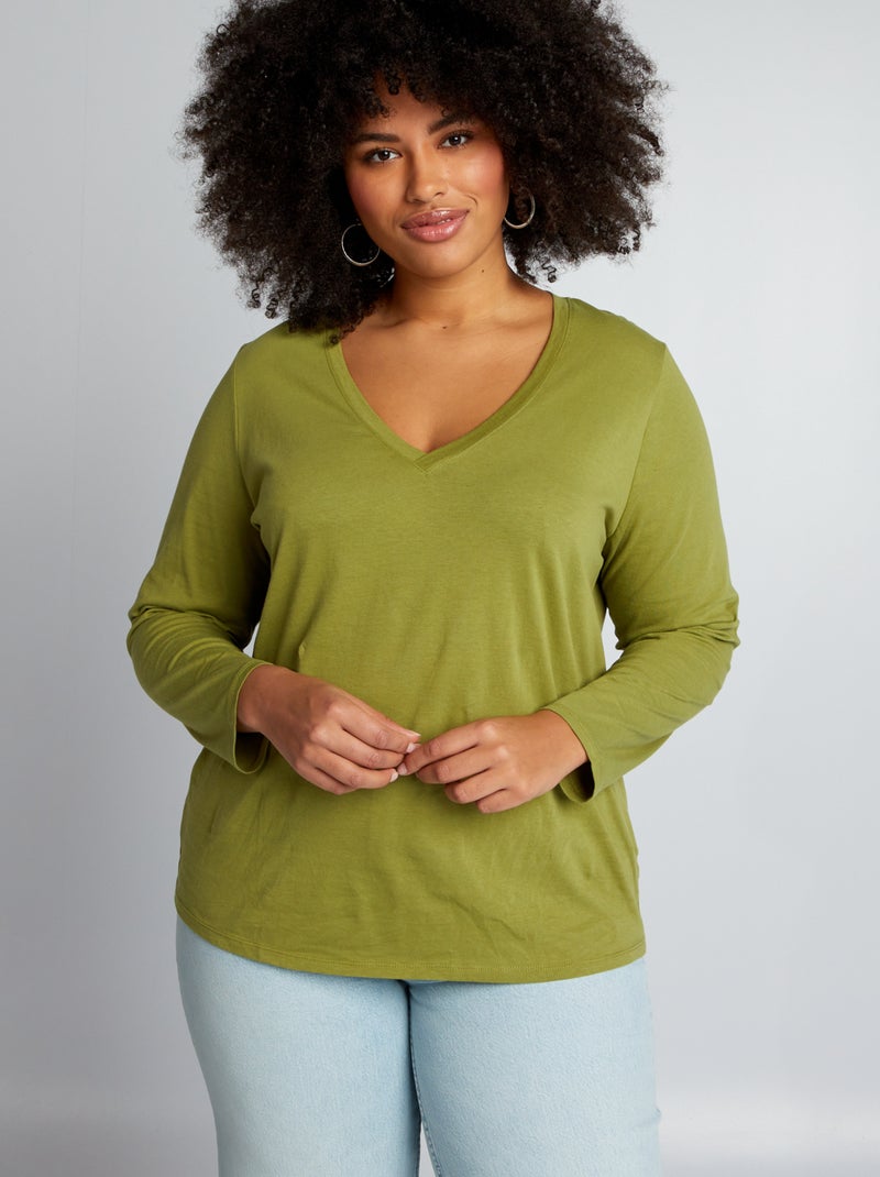 Camiseta básica de manga larga con cuello de pico VERDE - Kiabi