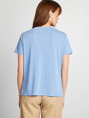 Camiseta básica de mezcla de lino con cuello de pico