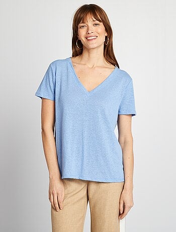 Camiseta básica de mezcla de lino con cuello de pico