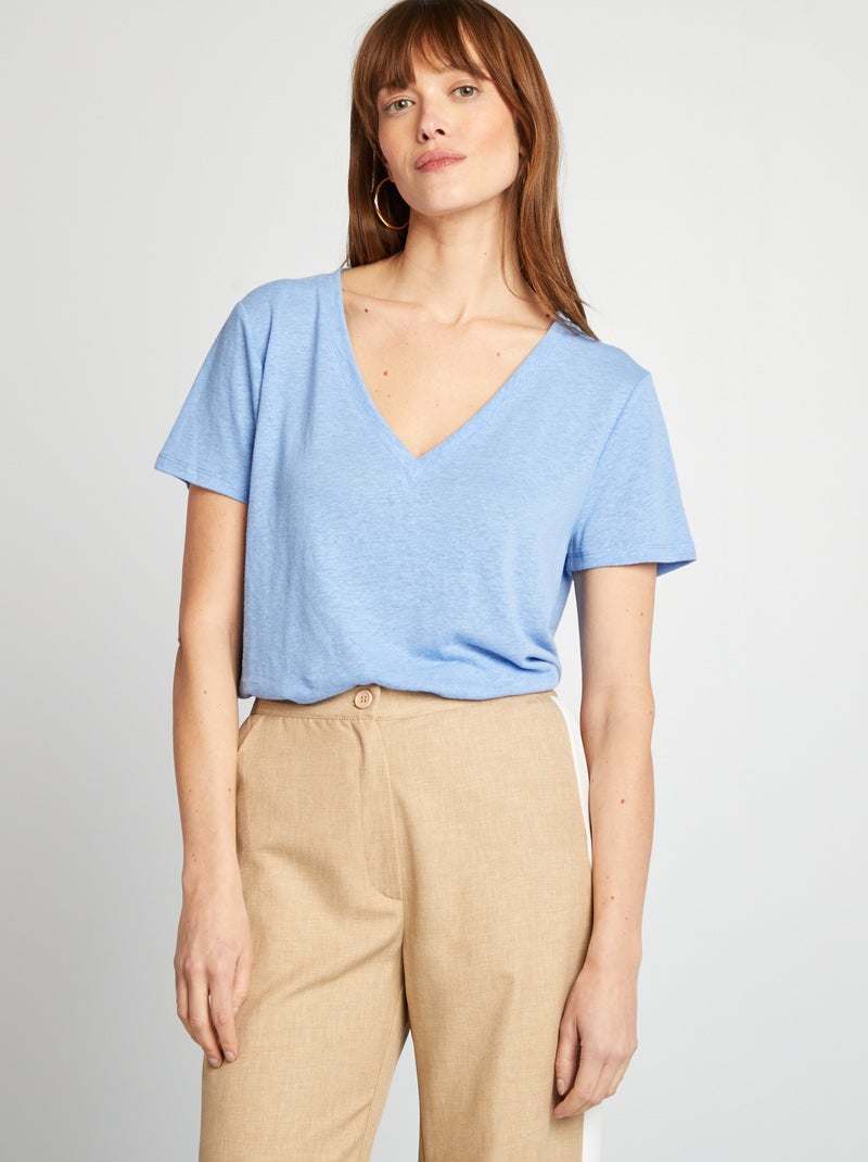 Camiseta básica de mezcla de lino con cuello de pico AZUL - Kiabi