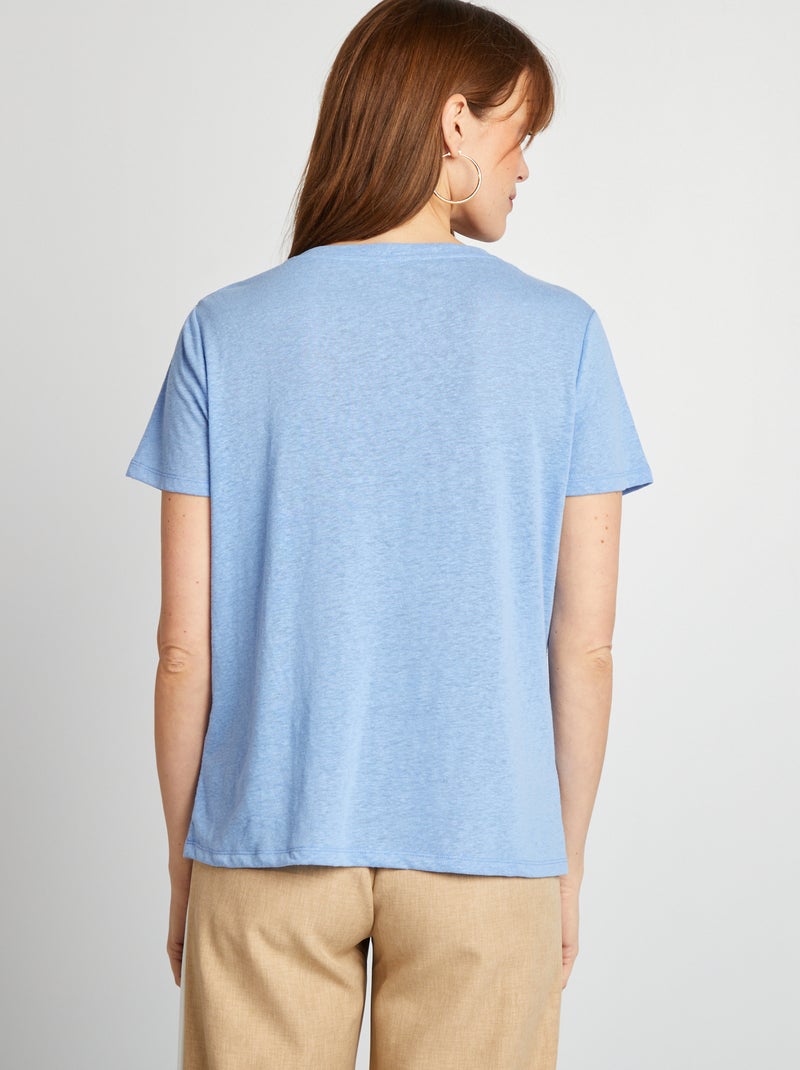 Camiseta básica de mezcla de lino con cuello de pico AZUL - Kiabi