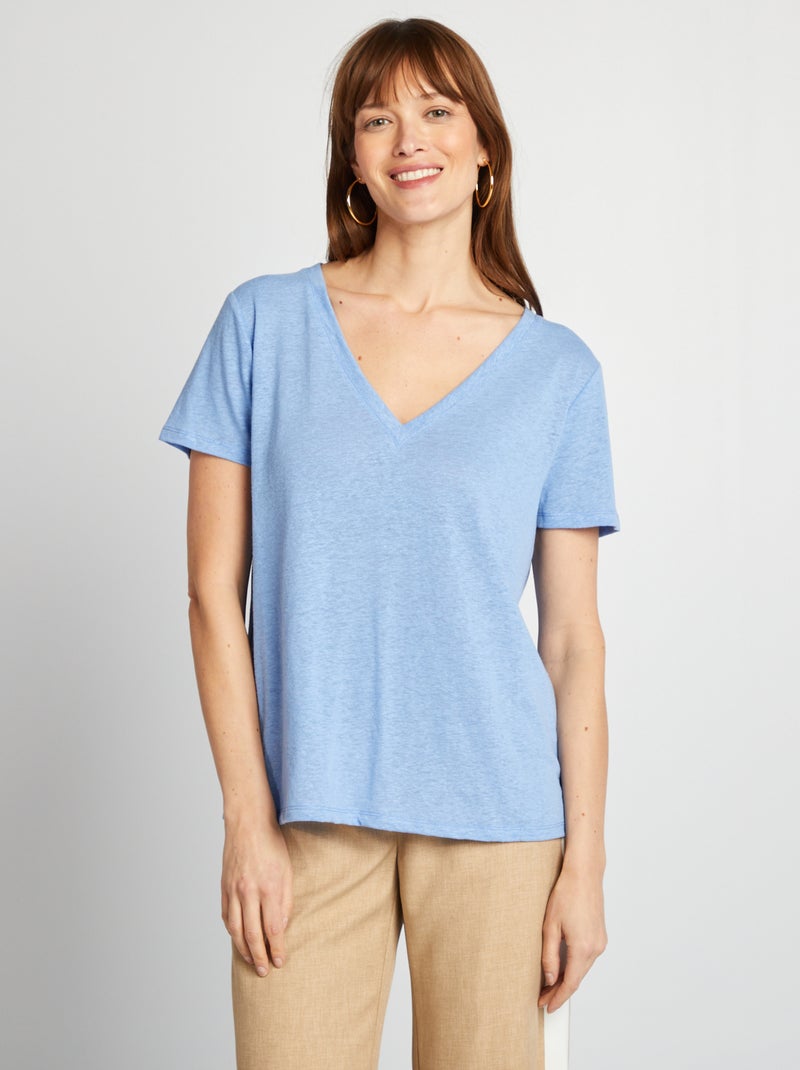 Camiseta básica de mezcla de lino con cuello de pico AZUL - Kiabi