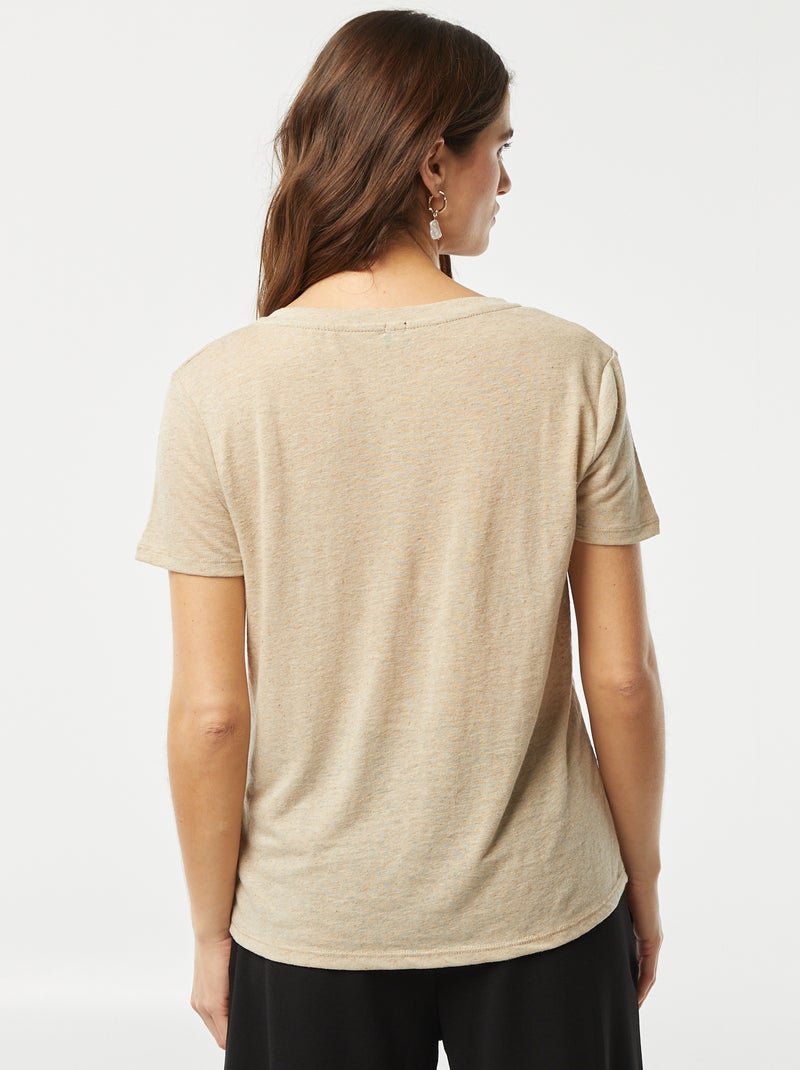 Camiseta básica de mezcla de lino con cuello de pico BLANCO - Kiabi