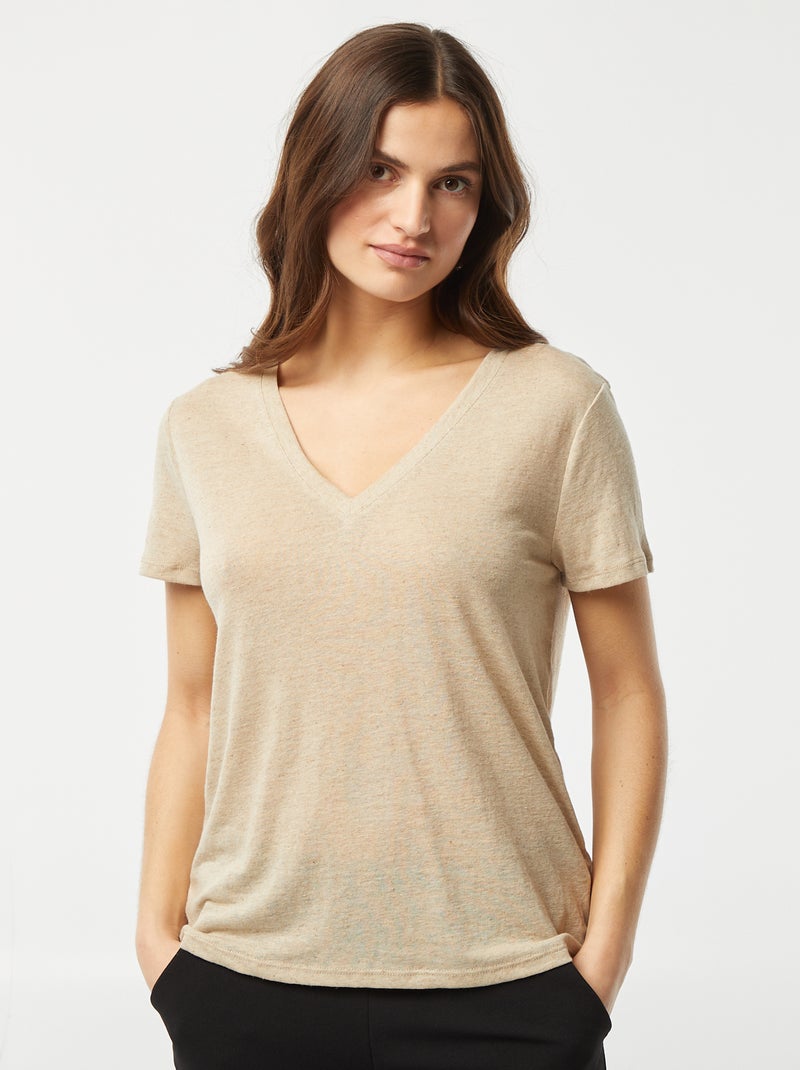 Camiseta básica de mezcla de lino con cuello de pico BLANCO - Kiabi