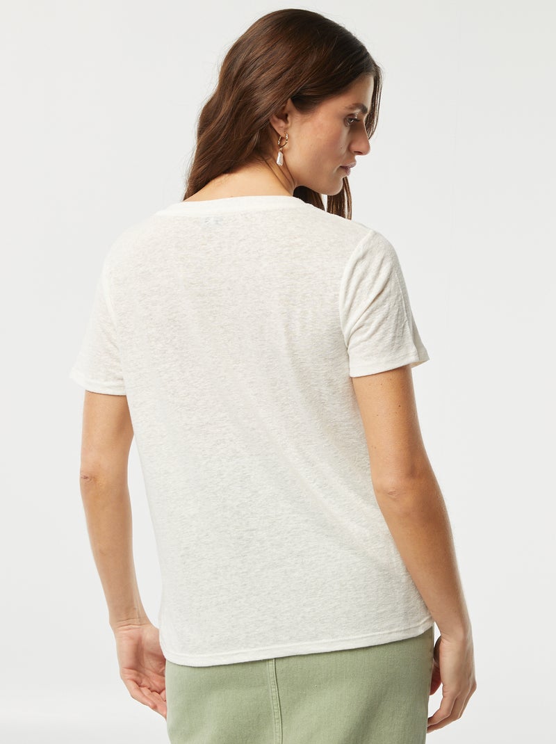 Camiseta básica de mezcla de lino con cuello de pico BLANCO - Kiabi